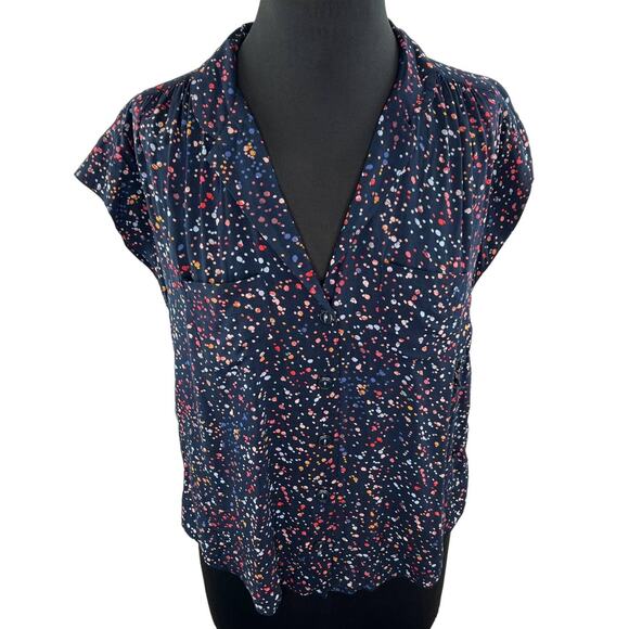 Anthropologie MAEVE Navy Confetti Print Cap Sleeve V-Neck Button-Down Size S - Picture 1 of 9